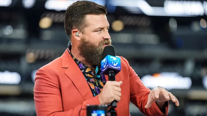 Ryan Fitzpatrick talks on set of the Amazon Prime TNF pregame show prior to a game between the Los Angeles Chargers and the Las Vegas Raiders at Allegiant Stadium Dec. 14 2023 in Las Vegas