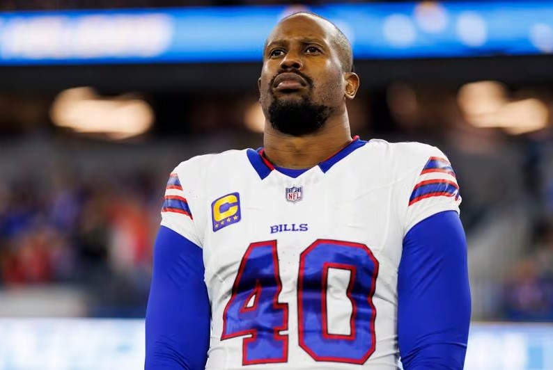 Von Miller 40 of the Buffalo Bills looks on from the sideline before an NFL football game against the Los Angeles Chargers at SoFi Stadium on December 23 2023 in Inglewood California