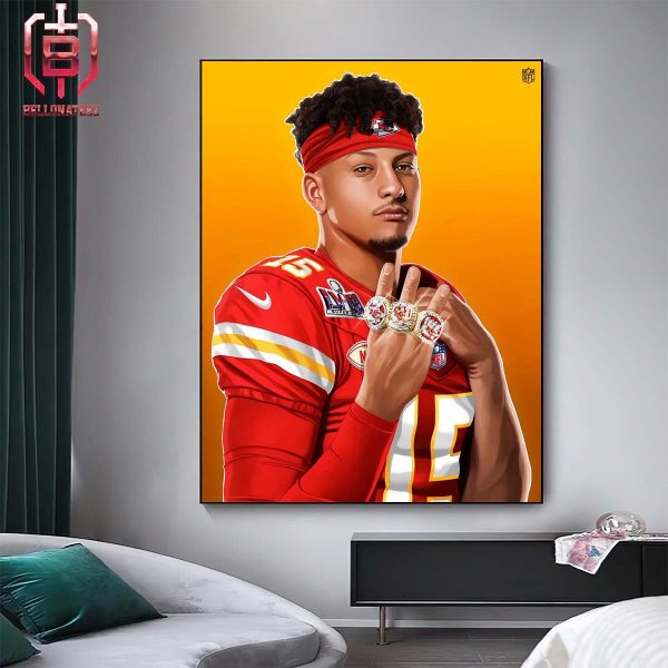 Patrick Mahomes With 3 Ring Super Bowl Champions With Kansas City Chiefs NFL Home Decor Poster Canvas