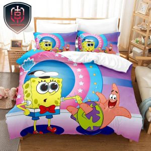 Adorable SpongeBob Blue Squarepants With Patrick Star Pink And Blue Duvet Cover And Pillowcase For Kid And Family Bedding Set