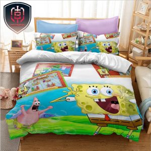 Amazing SpongeBob Squarpants With Patrick Star On Grass Bed Sheet For Bedroom Bedding Set