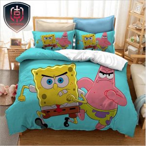 Angry Run SpongeBob And Patrick Star Funny Blue Duvet Case And Pillowcase For Kid And Family Bedroom Bedding Set