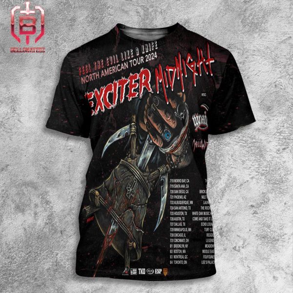 Exciter And Midnight Join Forces For Feel the Evil Like A Knife North American Tour 2024 Tour With Support From Wraith And Hellwitch All Over Print Shirt