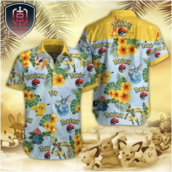 Pokemon Trendy Pikachu Eevee Evolution Flower Yellow Aloha Style For Summer Vacation Hawaiian Shirt