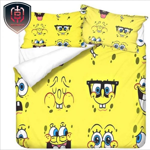 SpongeBob Pattern Yellow Bed Sheet 3 Pattern Duvet And Pillow Bedding Set