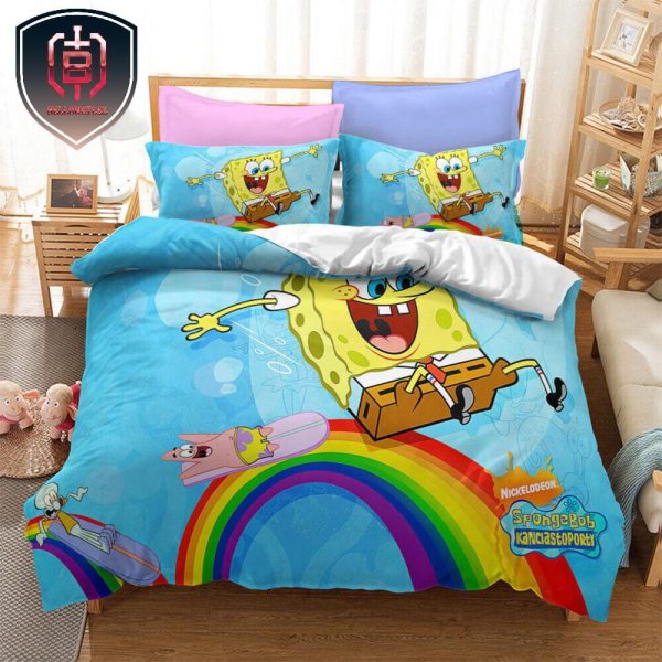 SpongeBob Squarepants Patrick Stars And Squidward Tentacles Rise The Rainbow Blue Bed Sheet Bedding Set