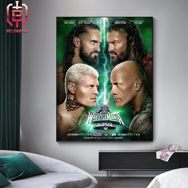 The Biggest Tag Team Match Ever At WrestleMania The Rock And WWE Roman Reigns Versus Cody Rhodes And Seth Rollins Live In Philly Home Decor Poster Canvas