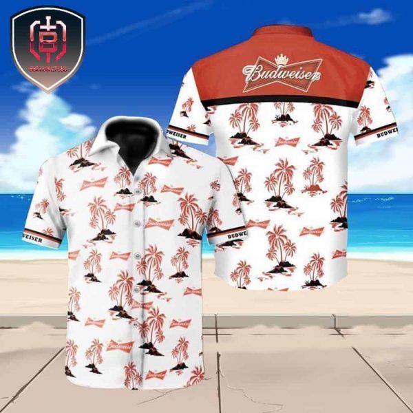 Budweiser Logo Tropical Palm Trees Pattern Red White Aloha Hawaiian Shirt