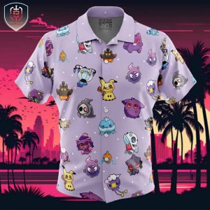 Chibi Ghost Pokemon Pattern Beach Wear Aloha Style For Men And Women Button Up Hawaiian Shirt