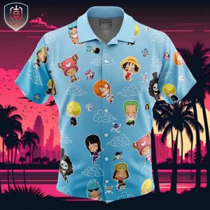 Chibi Strawhat Crew Pattern One Piece Beach Wear Aloha Style For Men And Women Button Up Hawaiian Shirt