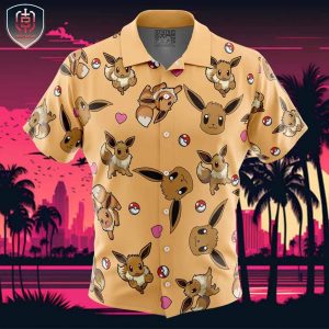 Eevee Pattern Pokemon Beach Wear Aloha Style For Men And Women Button Up Hawaiian Shirt