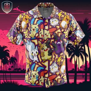 Electric Rodent Type Pokemon Pokemon Beach Wear Aloha Style For Men And Women Button Up Hawaiian Shirt