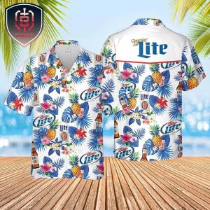 Miller Lite Beer Palm Leaf Tropical White Hawaii Aloha Shirt Beer Hawaiian Shirt