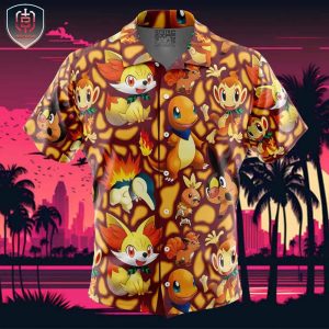 Fire Type Starters Pokemon Beach Wear Aloha Style For Men And Women Button Up Hawaiian Shirt