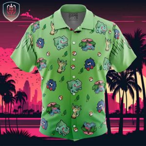 Grass Type Pattern Pokemon Beach Wear Aloha Style For Men And Women Button Up Hawaiian Shirt