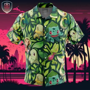 Grass Type Starters Pokemon Beach Wear Aloha Style For Men And Women Button Up Hawaiian Shirt
