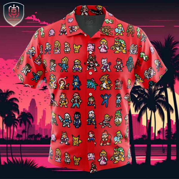 Pixel Smash Super Smash Bros Beach Wear Aloha Style For Men And Women Button Up Hawaiian Shirt
