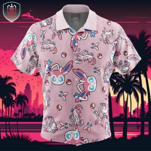 Sylveon Pattern Pokemon Beach Wear Aloha Style For Men And Women Button Up Hawaiian Shirt