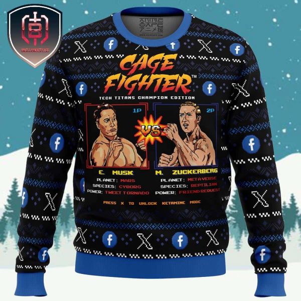 Cage Fighter Elun Mask vsMark Zuckerberg Funny Pop Culture Xmas Holiday Gift Ugly Christmas Sweater